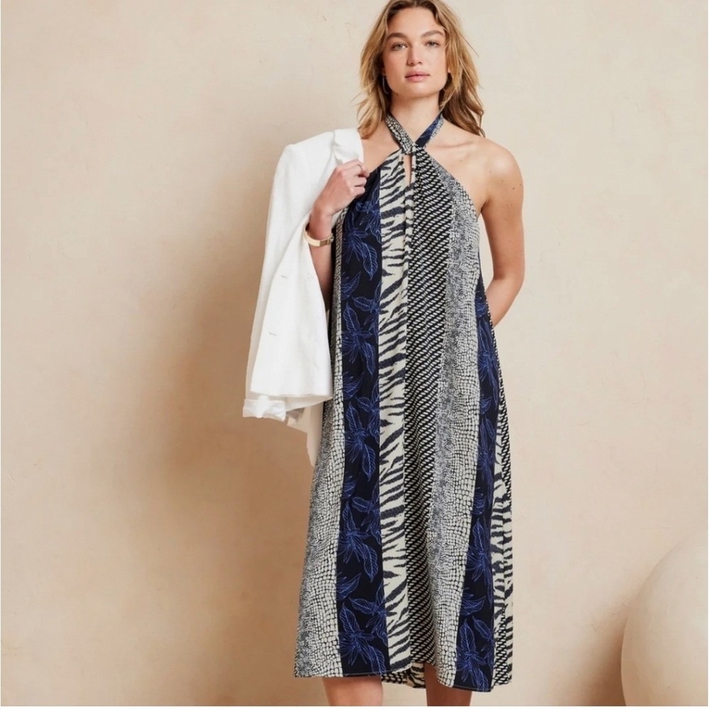 Banana Republic Midi Dress Womens Large Twist Neck Blue Mixed Print NEW